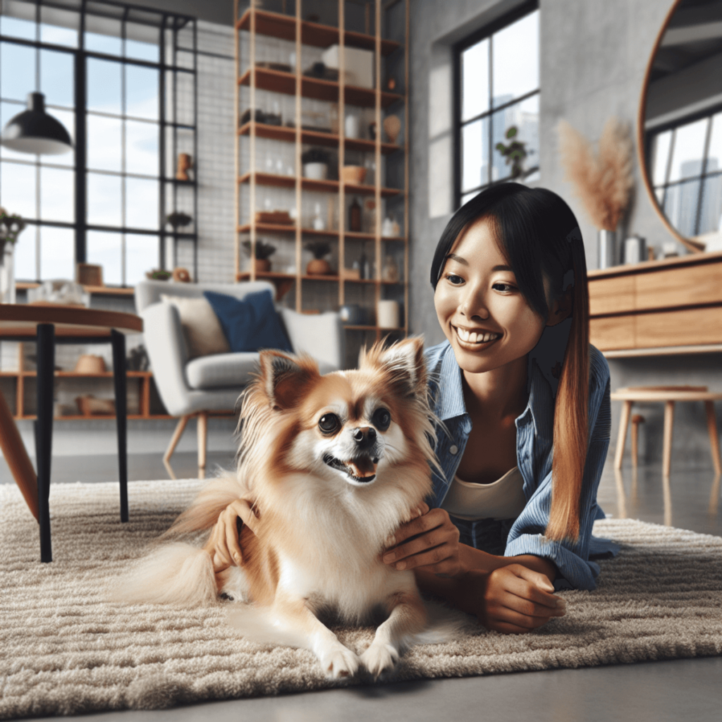 A small, sociable dog resembling a Chihuahua or Boston Terrier is joyfully relaxing on a plush rug in a chic living room. The room features contemporary decor, including stylish furniture and decorative plants, creating a harmonious environment. An Asian woman sits nearby, smiling and engaging with the dog, embodying companionship and delight. The warm lighting enhances the cozy atmosphere of the homely apartment setting.